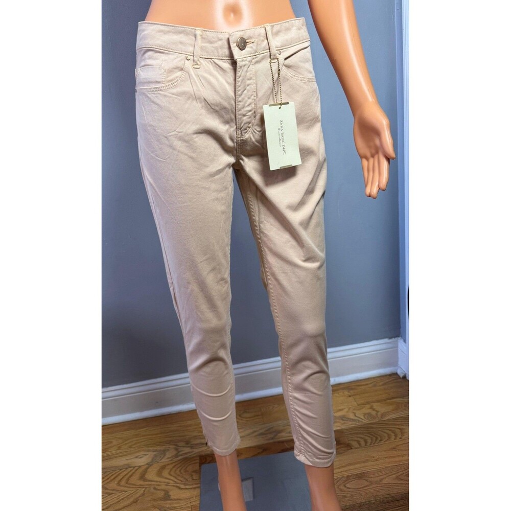 Zara Basic Women’s Size 4 Tan Khaki Skinny Ankle Zip Pants Flat Front Chino.